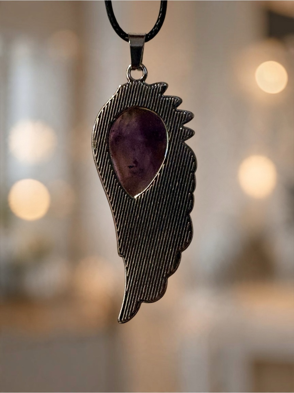 Amethyst Stone Wing Pendant Feather Necklace - Purple Silver - Picture 2 of 3